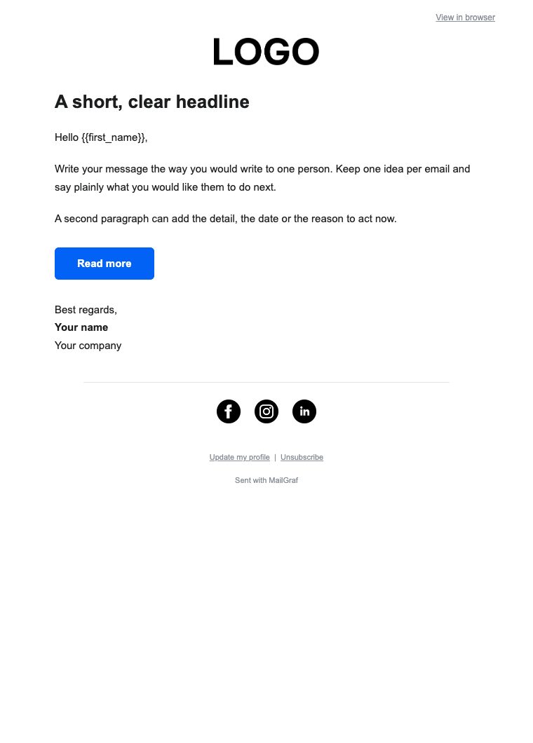 MailGraf Düz email düzeni: Bir başlık, kişisel bir mesaj ve tek düğme.
